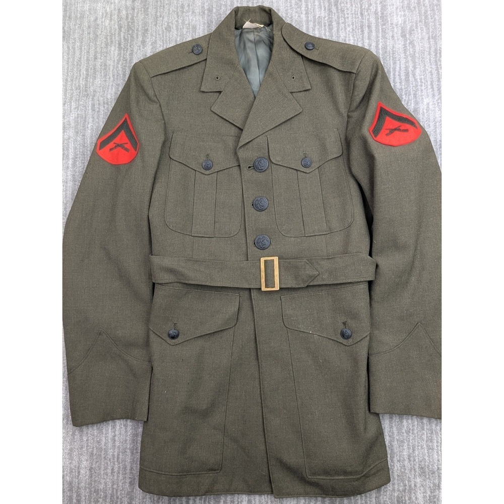 Vintage US Marines Uniform Jacket Mens 34R Green USMC Military Coat 80s Belt